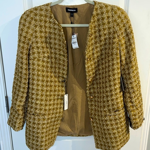 SOLD EXPRESS long tweed blazer metallic bronze gold tan worn by celebrity - Picture 9 of 17